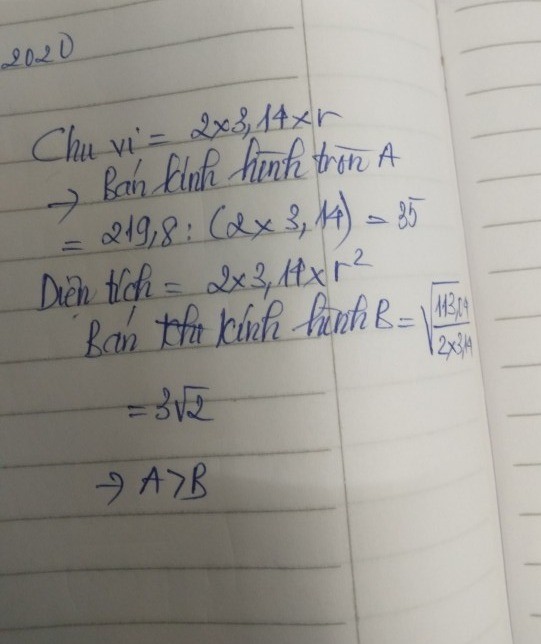 Hình tròn A có chu vi là 219.8