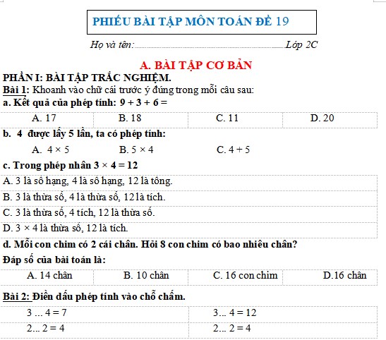 Phiếu Bài Tập Cuối Tuần Toán Lớp 2 Kết Nối Tri Thức Gallery 1