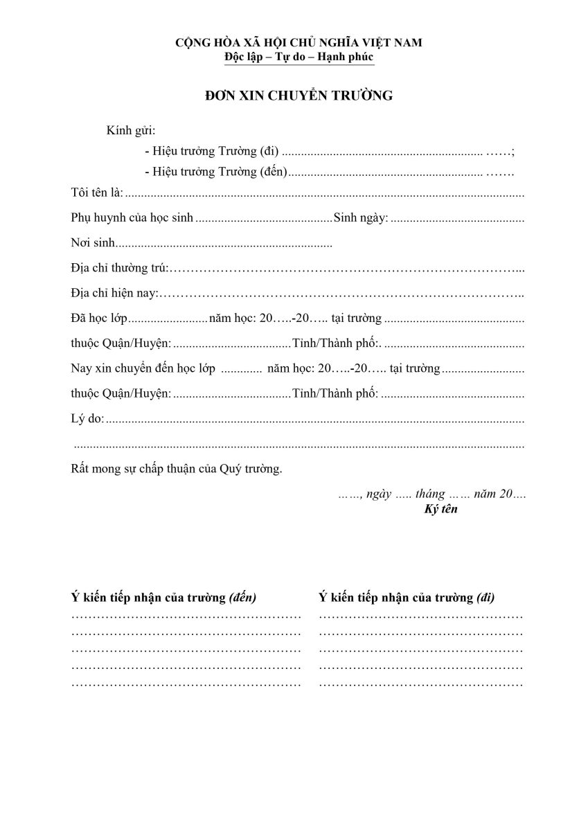 Mẫu đơn xin chuyển trường THCS trong tỉnh Gallery 1