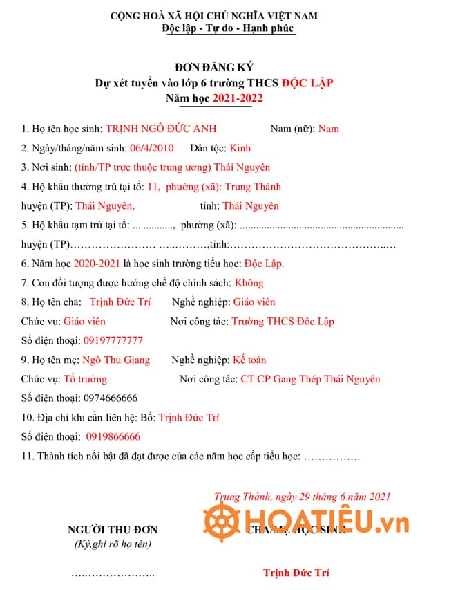Mẫu đơn xin học lớp 6 Gallery 1