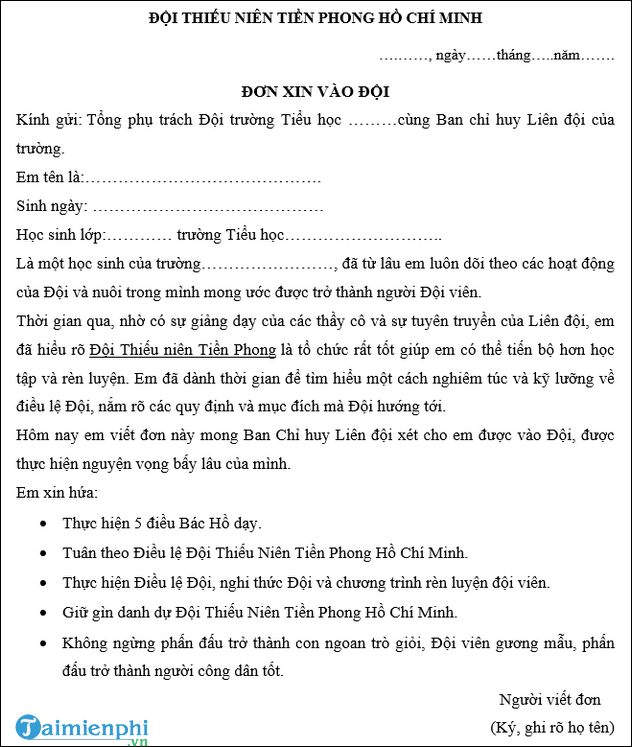 Đơn Xin Vào Đội Thiếu Niên Tiền Phong Gallery 1