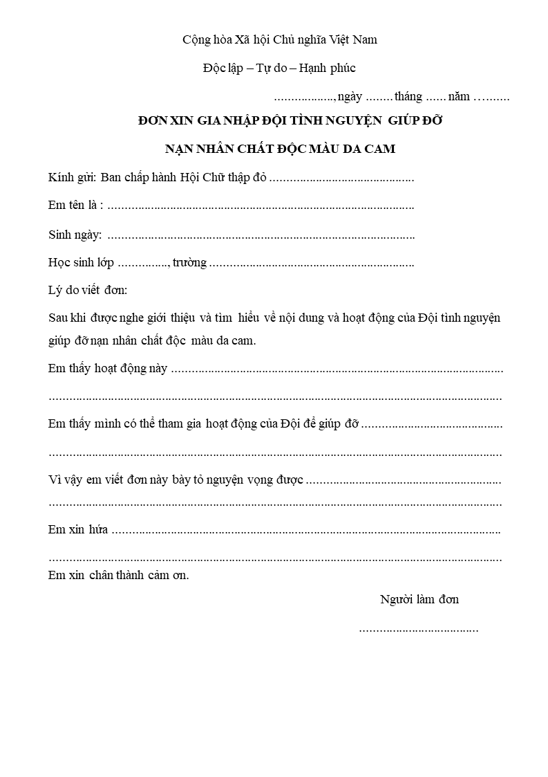 Đơn Xin Gia Nhập Đội Tình Nguyện Gallery 1