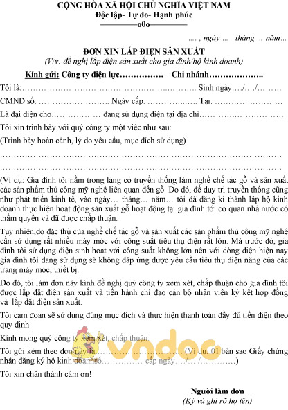Đơn Xin Cấp Điện Sản Xuất Nông Nghiệp Gallery 1