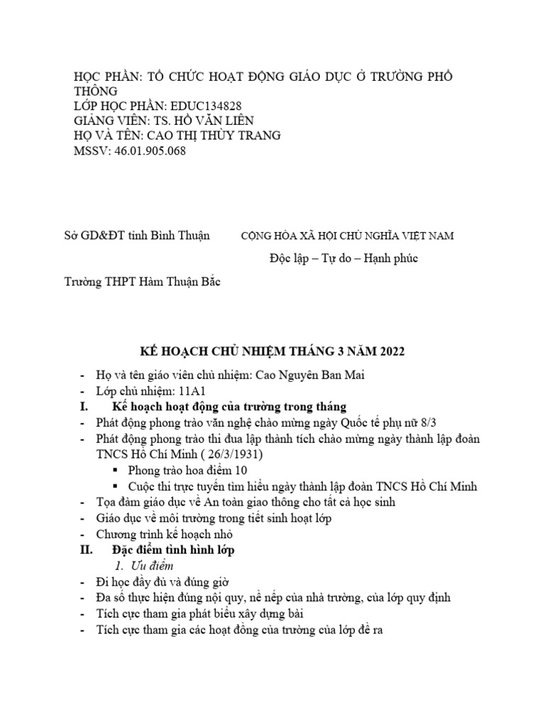 Mẫu Kế Hoạch Chủ Nhiệm Lớp Theo Tháng Gallery 1