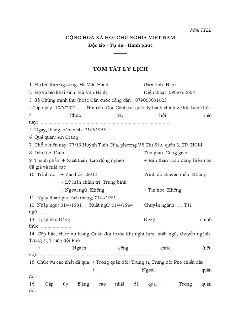 Mẫu Tóm Tắt Lý Lịch Hội Viên Cựu Chiến Binh Gallery 1
