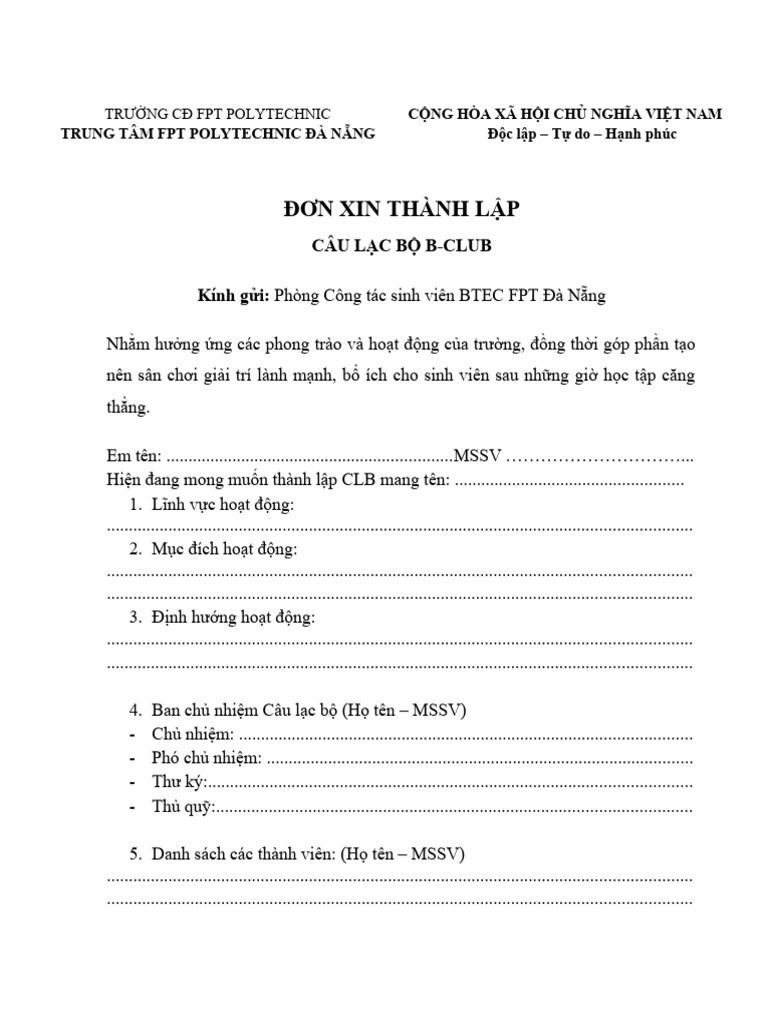 Đơn Xin Thành Lập Câu Lạc Bộ Trong Trường Gallery 2