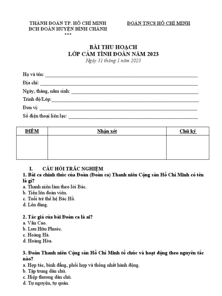 Mẫu Bài Thu Hoạch Cảm Tình Đoàn Gallery 2