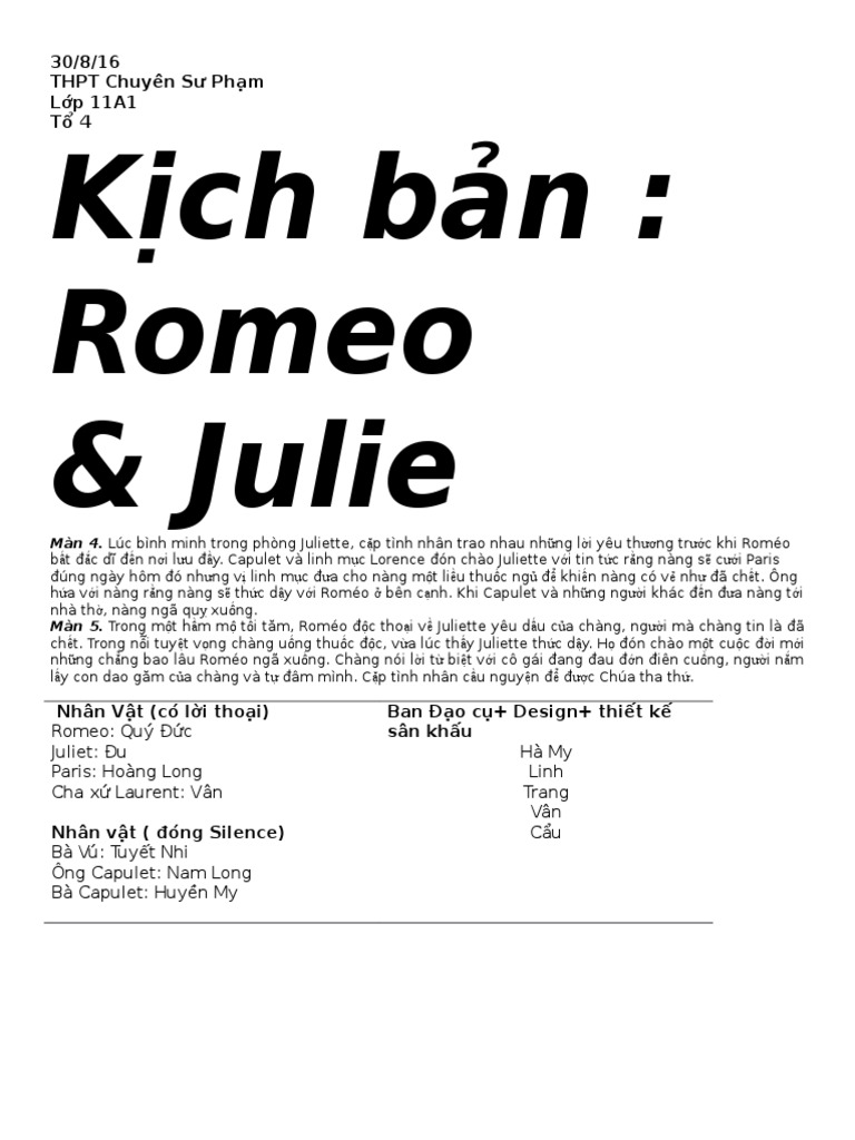 Kịch bản Romeo và Juliet: Câu chuyện tình yêu bất diệt giữa thù hận