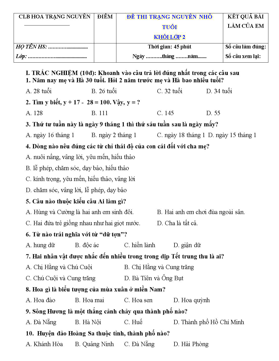 Đề thi Trạng Nguyên Toán lớp 2 vòng 1 Gallery 1