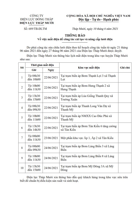 Lịch Cúp Điện Tháp Mười Đồng Tháp