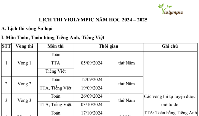 Lịch Thi Toán Violympic Mới Nhất