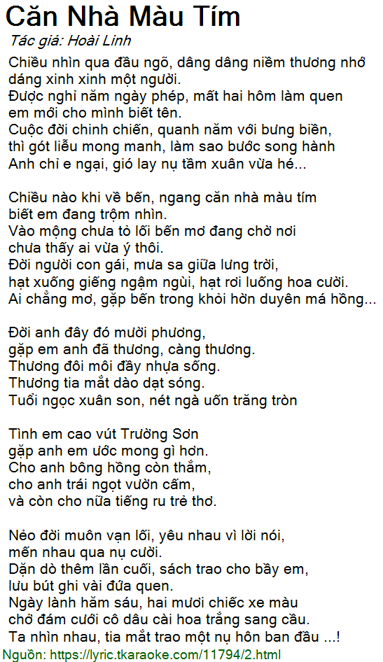 Lời Bài Căn Nhà Màu Tím