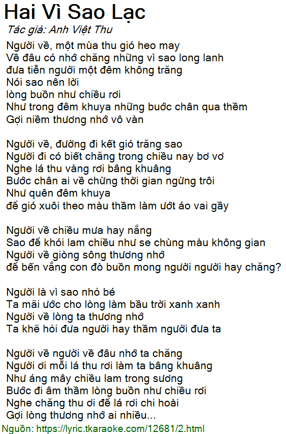 Lời Bài Hát Hai Vì Sao Lạc