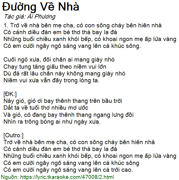 Lời Bài Hát Ái Phương Đường Về Nhà