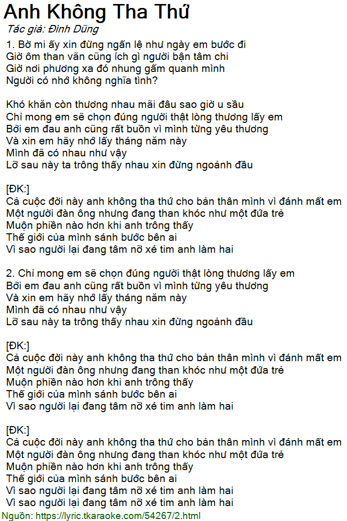 Lời Bài Hát Đình Dũng - Anh Không Tha Thứ Gallery 1