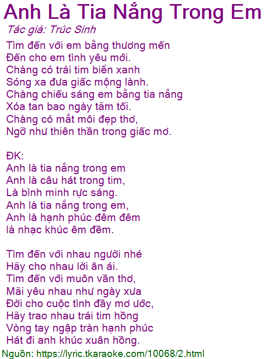 Lời Bài Hát Anh Là Tia Nắng Trong Em