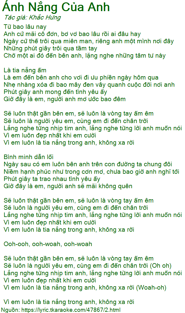 Lời Bài Hát Ánh Nắng Của Em