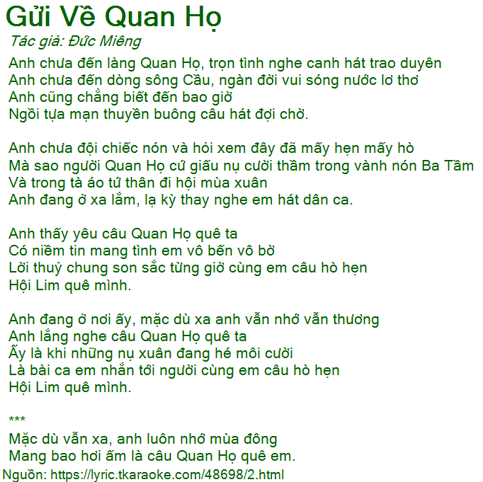 Lời Bài Hát Anh Tho Gửi Về Quan Họ
