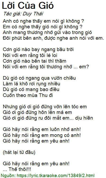 Lời Bài Hát Anh Thơ Lời Của Gió