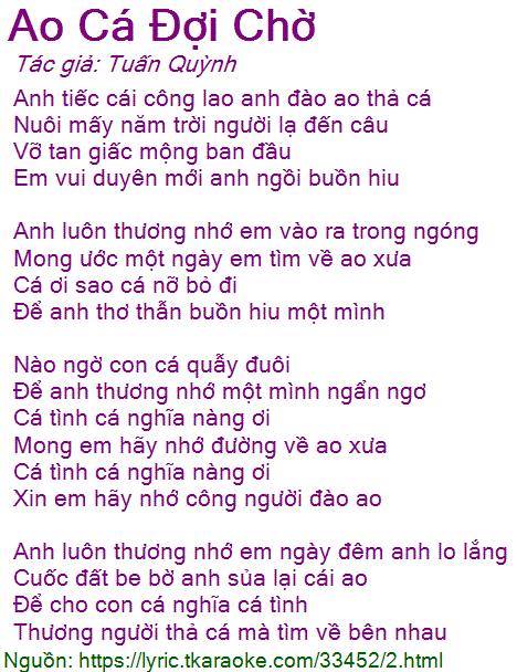 Lời Bài Hát Ao Cá Đợi Chờ