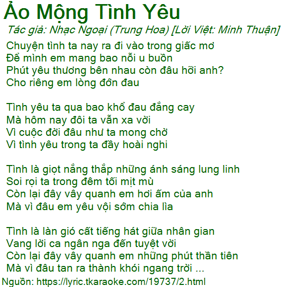 Lời Bài Hát Ảo Mộng Tình Yêu