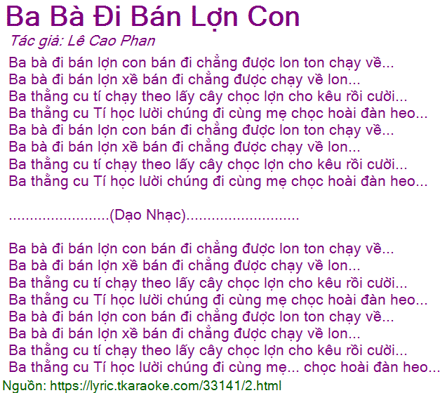 Lời Bài Hát Ba Bà Đi Bán Lợn Con