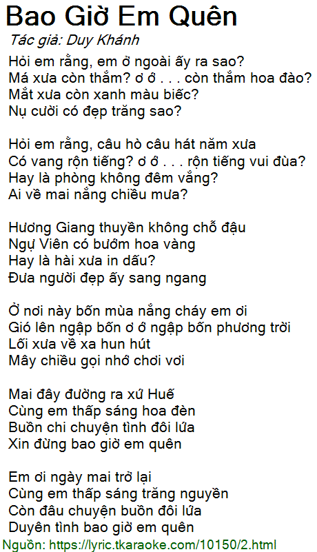 Lời Bài Hát Bao Giờ Em Quên