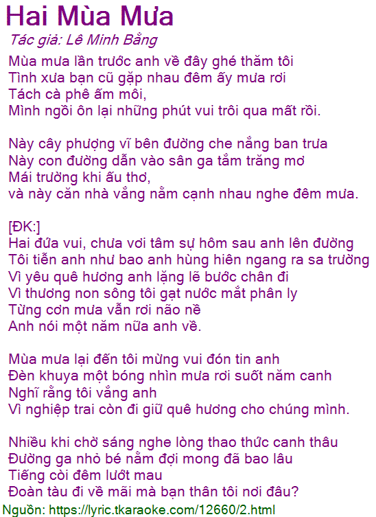 Lời Bài Hát Bao Tuần Hai Mùa Mưa