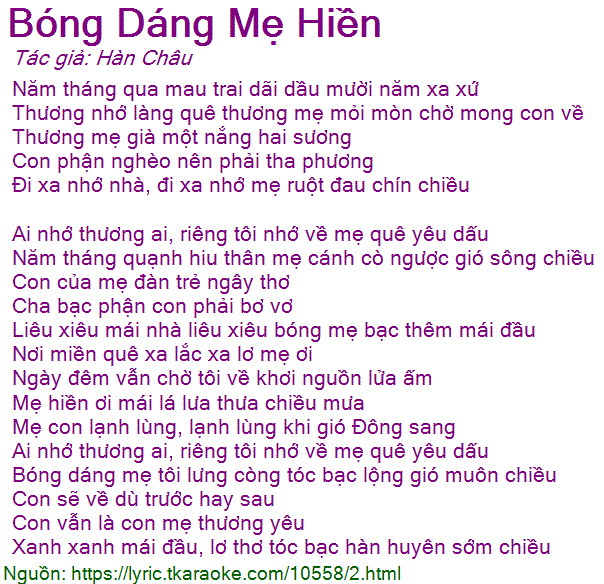 Lời Bài Hát Bóng Dáng Mẹ Hiền