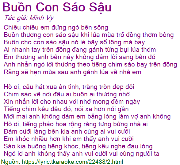 Lời Bài Hát Buồn Con Sáo Sậu