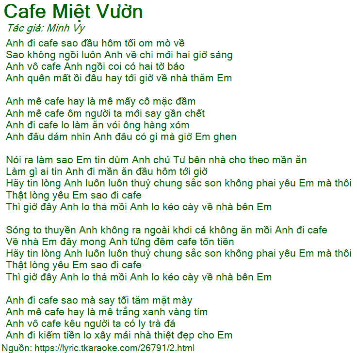 Lời Bài Hát Cà Phê Miệt Vườn