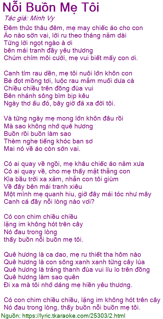 Lời Bài Hát Nỗi Buồn Mẹ Tôi - Cẩm Ly