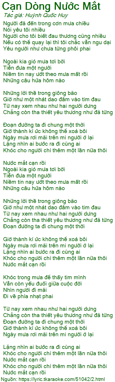 Lời Bài Hát Hồ Ngọc Hà - Cạn Dòng Nước Mắt Gallery 1