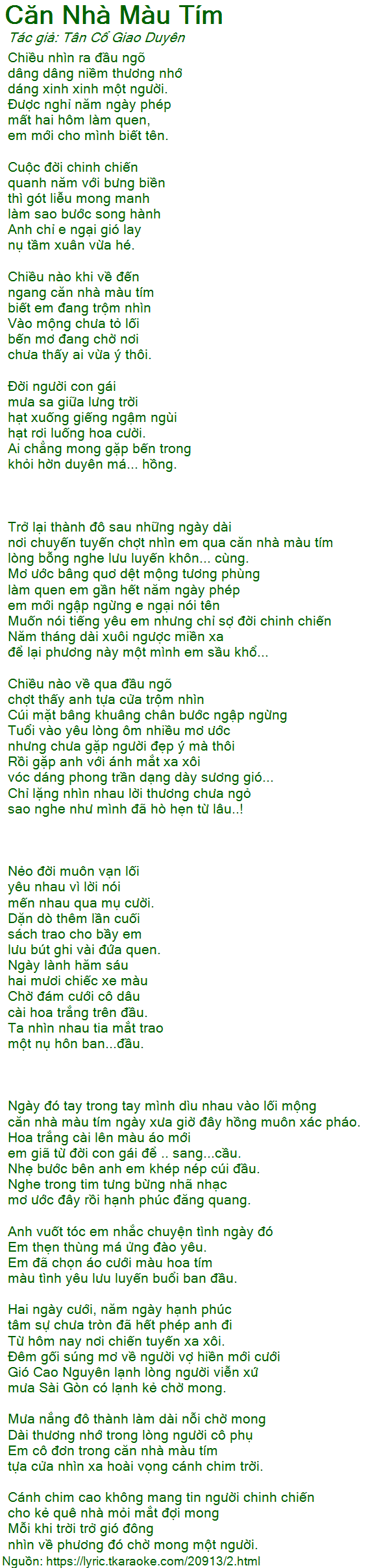 Lời Bài Hát Căn Nhà Màu Tím Tân Cổ