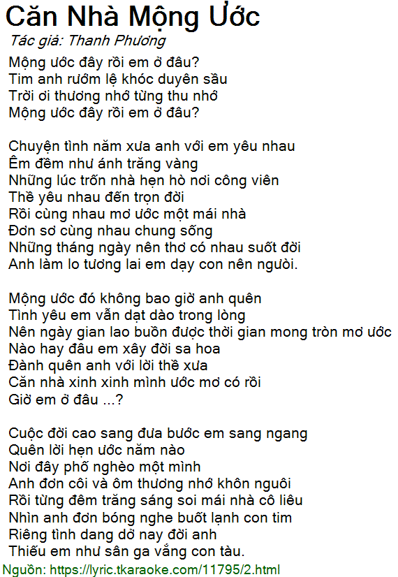 Lời Bài Hát Căn Nhà Mộng Ước