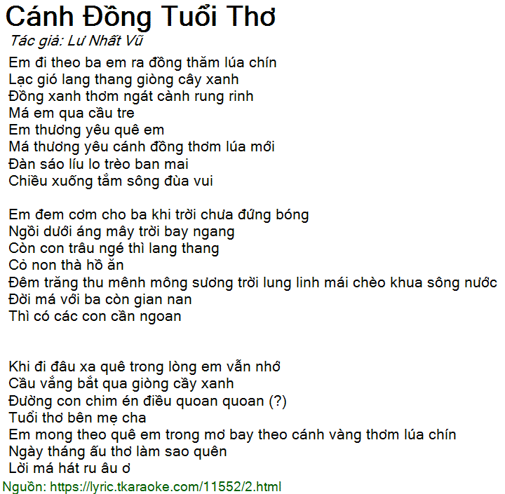 Lời Bài Hát Cánh Đồng Tuổi Thơ