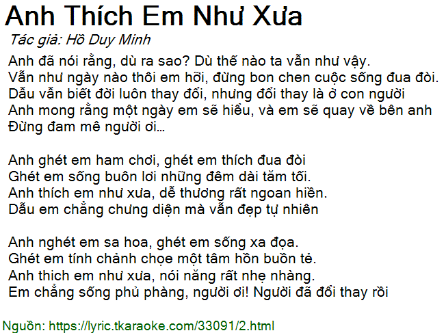 Lời Bài Hát Châu Khải Phong Anh Thích Em Như Xưa
