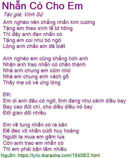 Lời Bài Hát Chế Thanh Nhẫn Cỏ Cho Em