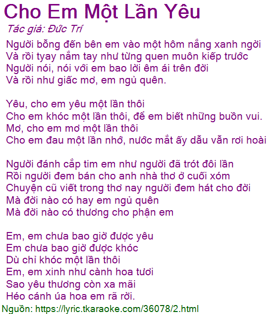 Lời Bài Hát Cho Em Một Lần Yêu