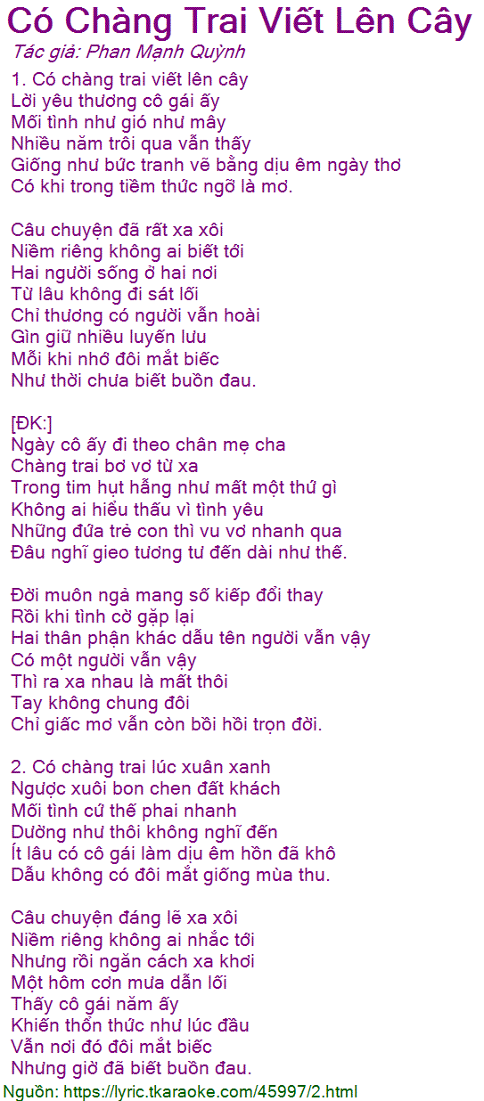Lời Bài Hát Có Chàng Trai Viết Lên Cây