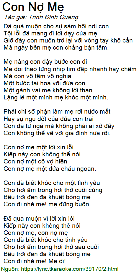 Lời Bài Hát Con Nợ Mẹ
