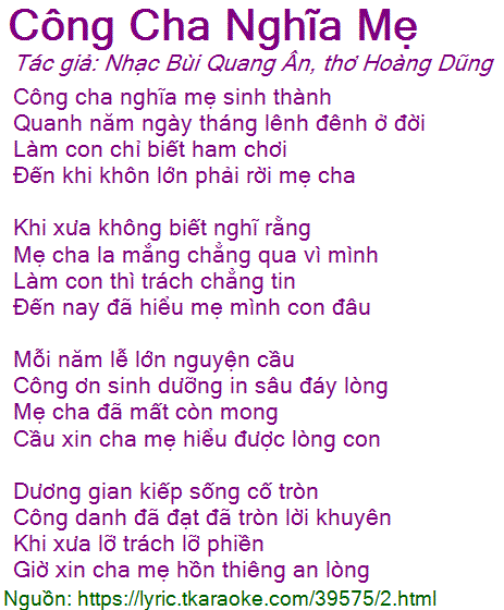 Lời Bài Hát Công Cha Nghĩa Mẹ