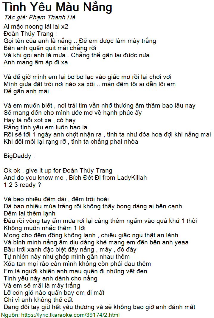 Lời Bài Hát Tình Yêu Màu Nắng - Doãn Thúy Trang