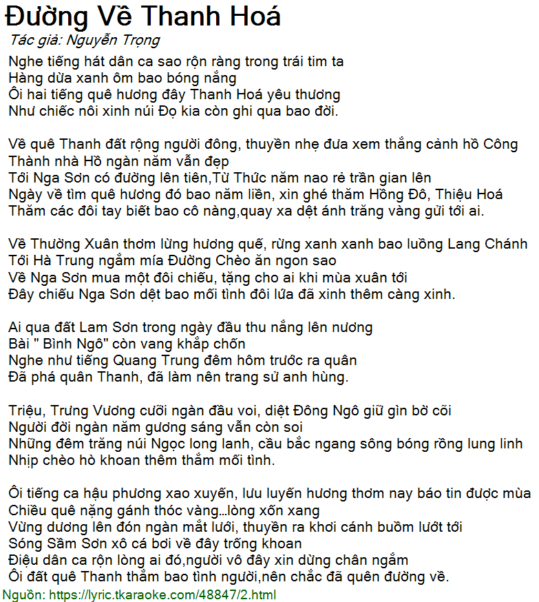 Lời Bài Hát Đường Về Thanh Hóa