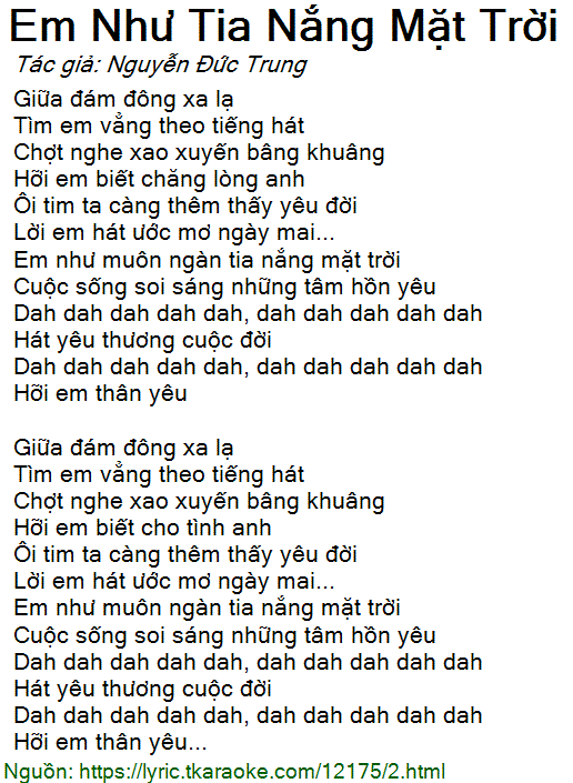 Lời Bài Hát Em Như Tia Nắng Mặt Trời