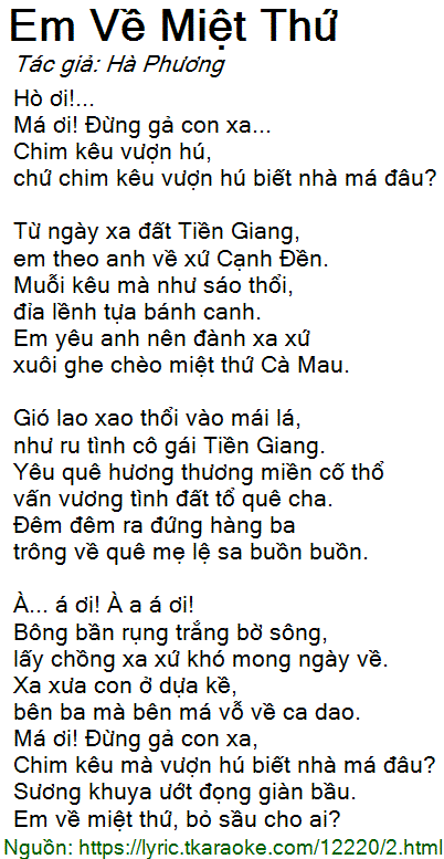 Lời Bài Hát Em Về Miệt Thứ