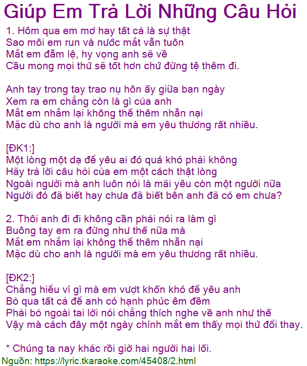 Lời Bài Hát Giúp Em Trả Lời Những Câu Hỏi
