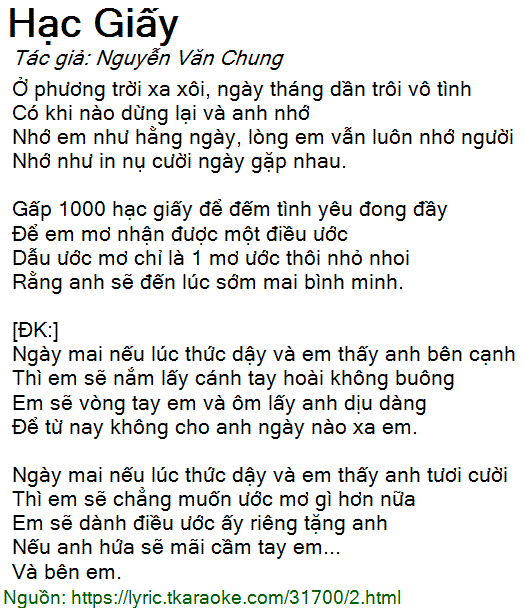 Lời Bài Hát Hạc Giấy