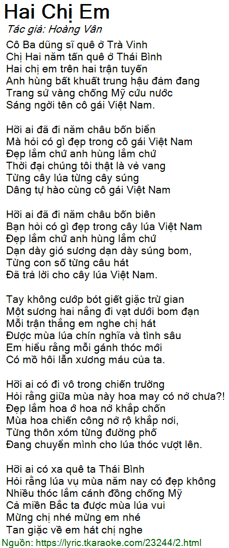 Lời Bài Hát Hai Chị Em