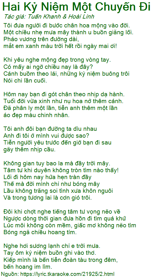Lời Bài Hát Hai Kỷ Niệm Một Chuyến Đi